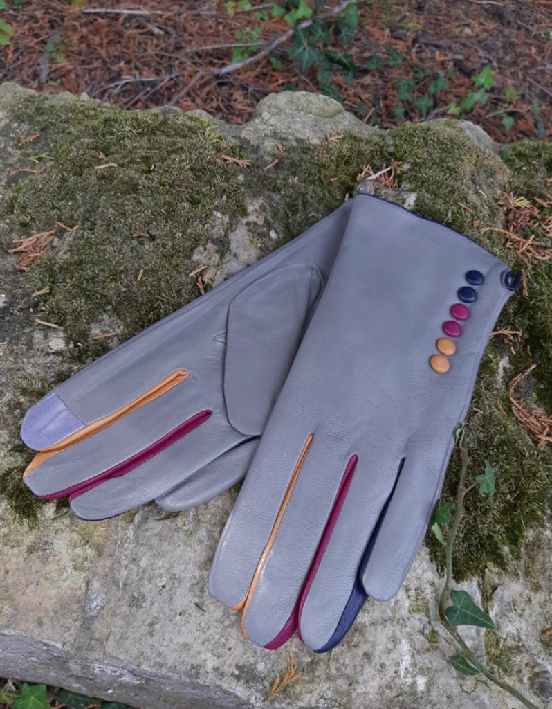 Grey Leather Multi-Button Gloves