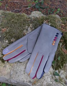 Grey Leather Multi-Button Gloves